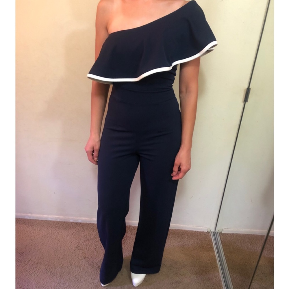 Navy Blue and white ruffle jumpsuit (NEW)